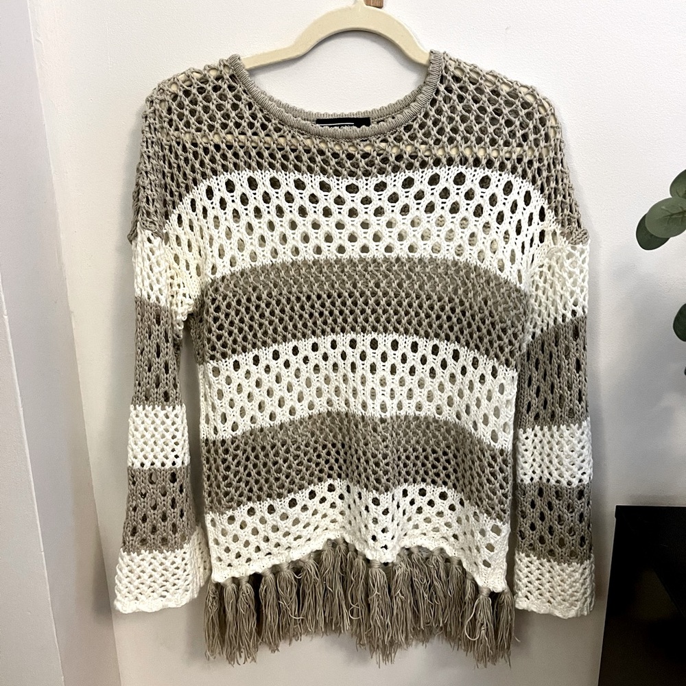 Cream & Tan Fringe Sweater